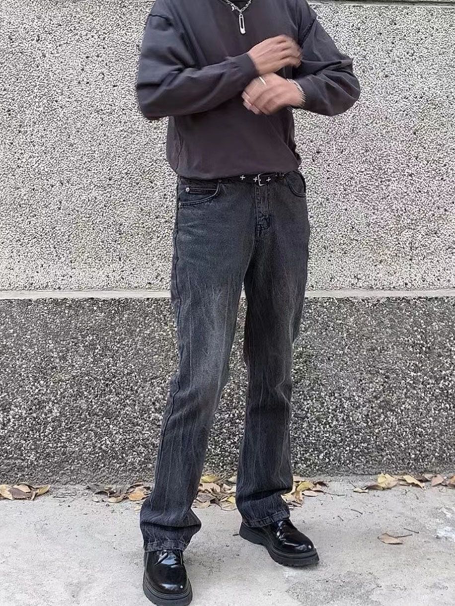 Men's Clothing Lightning Pattern Washed Black And Gray Flared Jeans_mkmklike.com