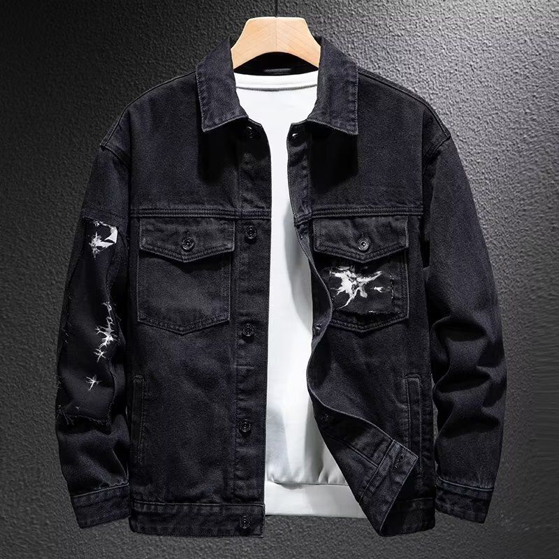 High Street Denim Jacket Men's Clothing Spring And Autumn New Motorcycle Lightning Splicing Jacket Black Trendy Brand_mkmklike.com