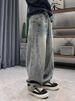 Men's Vintage Workwear Jeans Distressed Washed Blue Relaxed Straight Fit Utility Pockets Raw Hem Denim_mkmklike.com