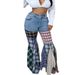 Women Colorful Plaid Patchwork Zipper Fly Flare Jeans Vintage INS Fashion Streetwear Wide Leg Denim Trousers Pants_mkmklike.com