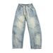 Men's Light Blue Distressed Denim Jeans Relaxed Fit High Street Straight Leg Pants With Drawstring Waist Vintage Style_mkmklike.com