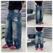 Vintage Distressed Denim Jeans For Men & Women - Relaxed Straight Leg High Street Style With Hand-Painted Details (Blue, Multiple Sizes)_mkmklike.com