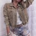 Trendy Studded Denim Jacket – Long Sleeve Cropped Style With Notch Collar (Khaki/Dusty Pink/Army Green, XS-L)_mkmklike.com