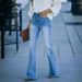 Vintage Light Blue Distressed Denim Flare Pants For Women - High Waist Stretchy Bootcut Jeans With Raw Hem - Retro 70s Style_mkmklike.com