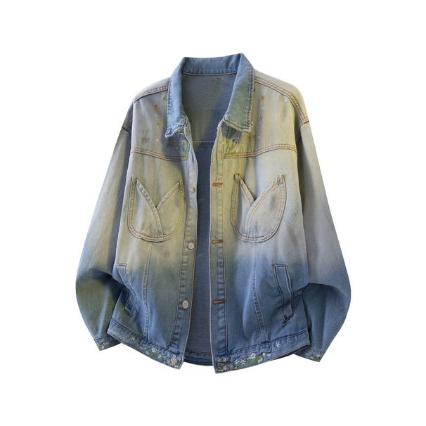Gradient Dye Floral Embroidery Denim Jacket Spring/Autumn American Style Long Sleeve Outerwear for Men And Women_mkmklike.com