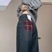 Women's High-Waisted Wide-Leg Jeans Retro Washed Plaid Design Distressed Slimming Versatile Flowy Floor-Length Trousers_mkmklike.com