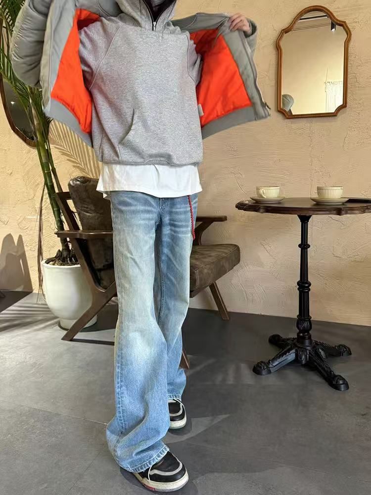 Icy Blue Straight-to-Flare Jeans – Vintage Washed Cleanfit Denim With Classic Cat Whiskers & Timeless Silhouette_mkmklike.com