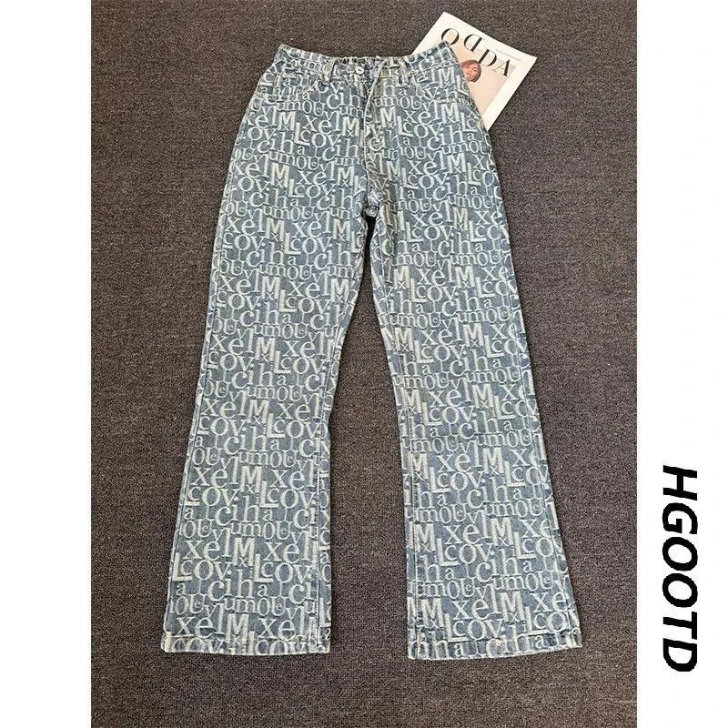 Letter Jacquard Curved Blade Jeans Men's Summer Trendy Brand Vibe Pants American High Street Straight Leg Slightly Flared Trousers_mkmklike.com