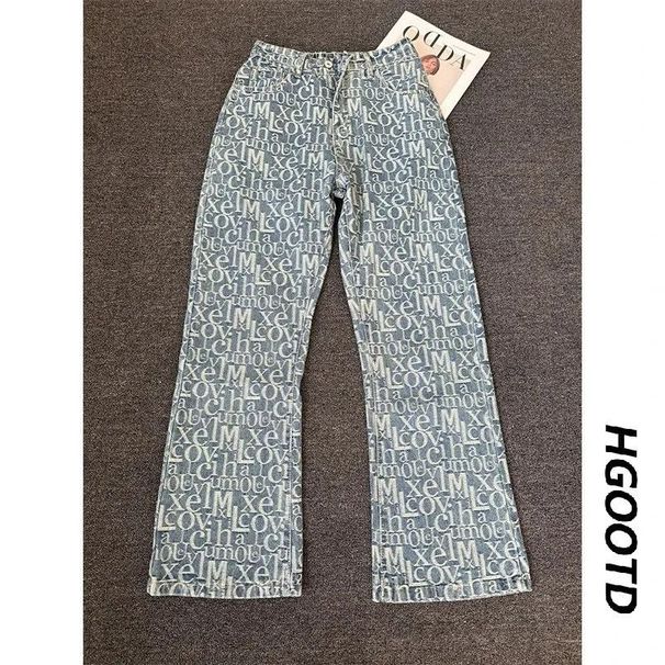 Letter Jacquard Curved Blade Jeans Men's Summer Trendy Brand Vibe Pants American High Street Straight Leg Slightly Flared Trousers_mkmklike.com