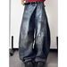 Men's Clothing Old Rubbed Color Jeans Design Reverse Waist Wide Leg Pants_mkmklike.com