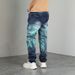 Men's Relaxed Straight Fit Jeans With Oil Painting Washed Design – Distressed Denim Pants For Casual Streetwear_mkmklike.com