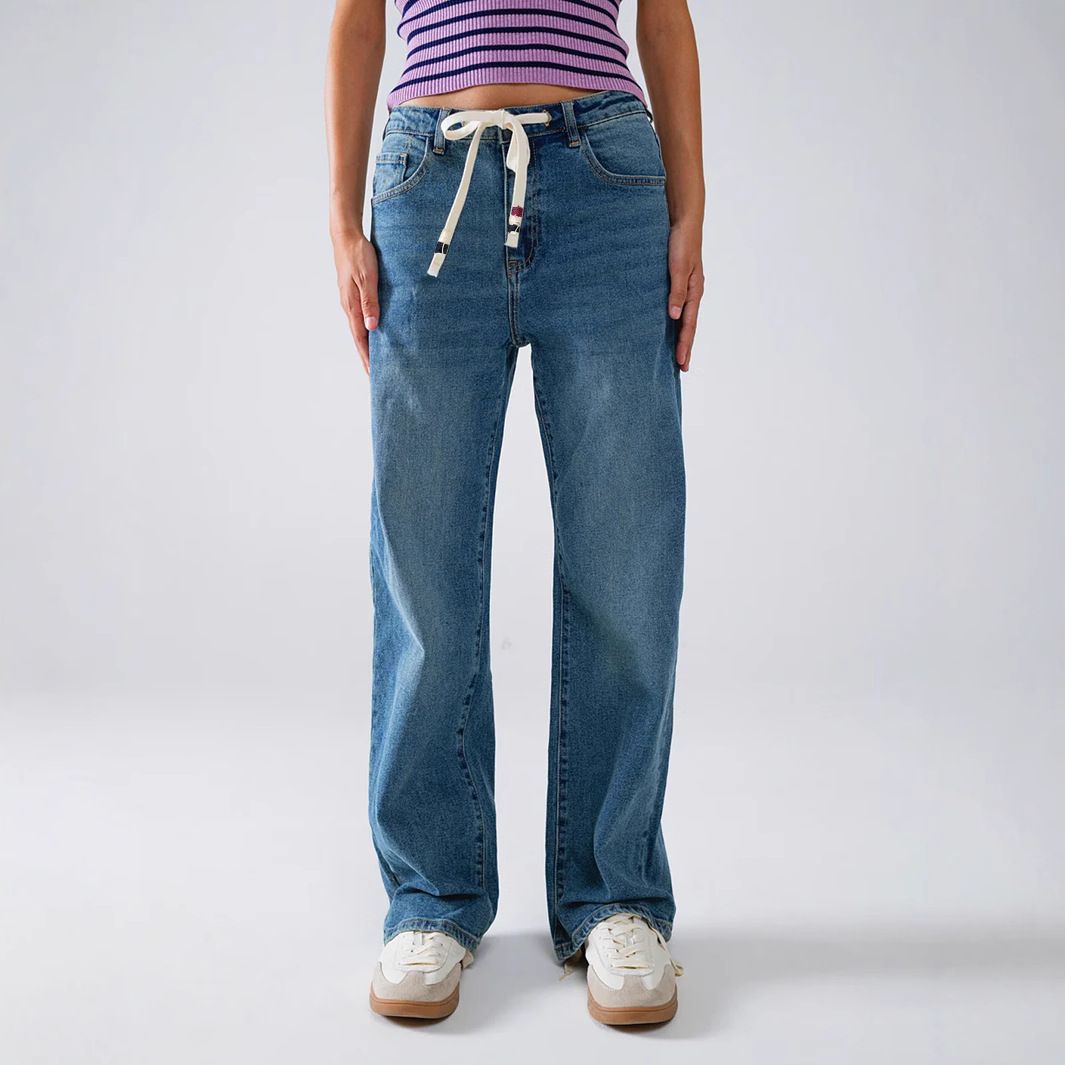 Women's Straight Leg Denim Pants European American Style Lace Up High Waist Trousers Fashionable Casual Fit_mkmklike.com