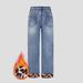 Women's High-Waisted Flared Jeans – Vintage Washed, Leopard Print Cuff, Stretch Denim (0xl-3xl, Plus Size, Fleece-Lined, 9/10 Length, Light Blue)_mkmklike.com