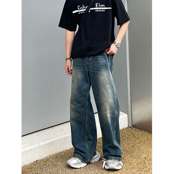 Nordmann American Style Trendy Blue Jeans For Men New Vintage Washed Casual Pants Loose Straight Wide-Leg Long Trousers_mkmklike.com