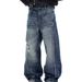 American Niche Design Washing Water Ripple Ripped Blue Jeans Men's And Women's Trend Ruffian Handsome Splicing Straight Casual Pants_mkmklike.com