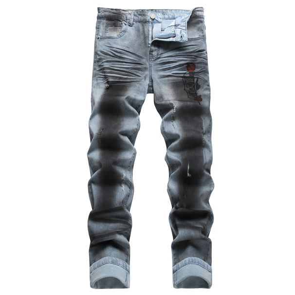Men's Mid-Waist Stretch Casual Coated Black Jeans Embroidered Rose Ghost Head Wide Leg Trousers Machine Washable_mkmklike.com
