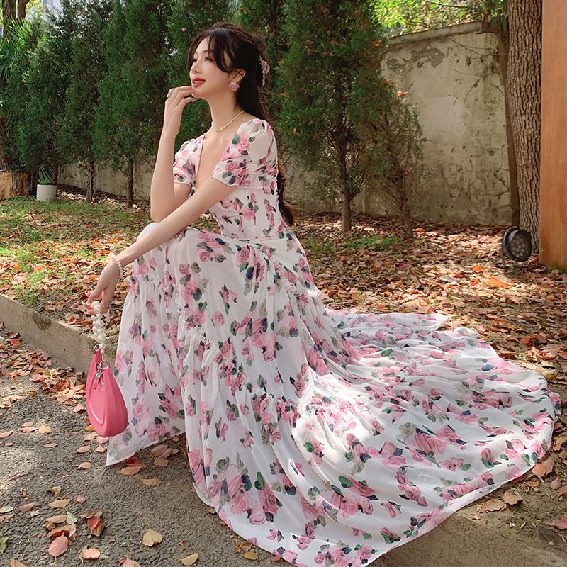 Women's dress niche design long style goddess style princess celebrity short sleeves_mkmklike.com