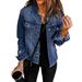 Vintage Wash Denim Jacket For Women, Non-Stretch V-Neck Long Sleeve Casual Coat In Light Blue, Dark Blue & Retro Blue_mkmklike.com