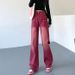 American Retro Red Jeans, Straight Loose Fit, Trendy Design, High-waisted, Slimming, Wide-leg Long Pants For Women_mkmklike.com