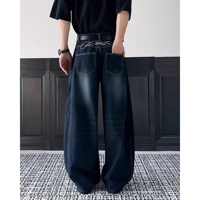 Men's Wide Leg Jeans Retro Embroidered Deconstructed High Street Style Loose Trousers Youthful Draped Design_mkmklike.com