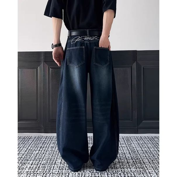 Men's Wide Leg Jeans Retro Embroidered Deconstructed High Street Style Loose Trousers Youthful Draped Design_mkmklike.com