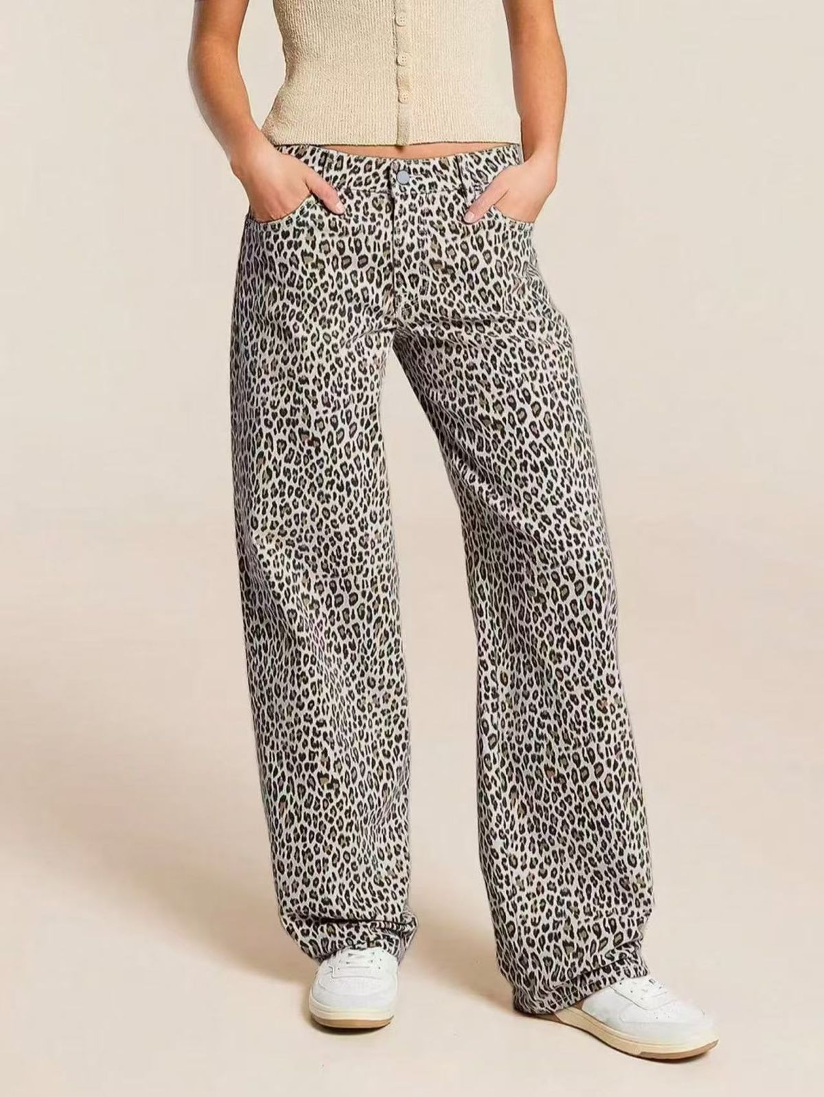 Women's Straight Leg Jeans Leopard Print Denim Street Fashion_mkmklike.com