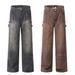 Vintage Washed Ripped Straight Jeans For Men, Workwear Deconstructed Patchwork Design, Loose Casual Long Pants_mkmklike.com