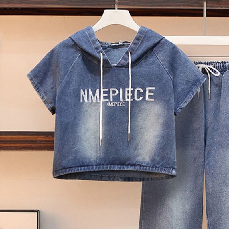 Summer Fashion Denim Two Piece Suit Elastic Trousers Hooded Jacket Women Wide Leg Stylish Loose Slim Two Piece Set_mkmklike.com