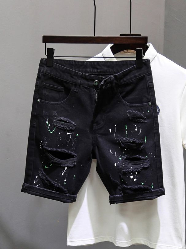 Men's Stretch Denim Shorts With Distressed Cat Whisker & Splatter Design - High Street Fashion Summer Casual Quarter-Length Shorts_mkmklike.com