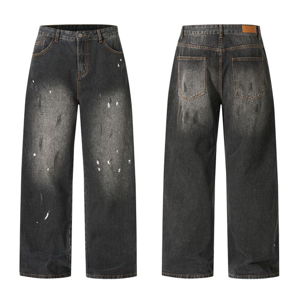 Edgy Washed Distressed Retro Design Jeans For Men And Women With Splatter Paint Graffiti Loose Straight Leg High Street Style_mkmklike.com