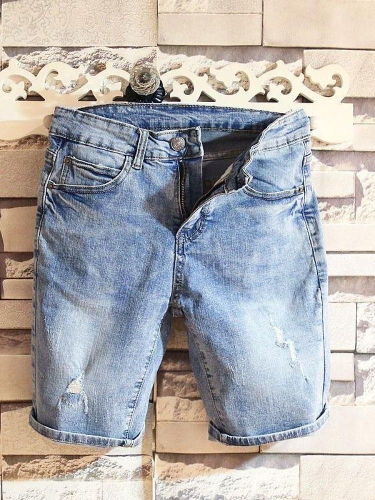 Men's Slim Fit Stretch Denim Shorts – Distressed Blue Washed 5-Inch Casual Shorts With Straight Leg Opening_mkmklike.com