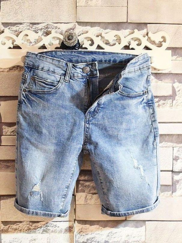 Men's Slim Fit Stretch Denim Shorts – Distressed Blue Washed 5-Inch Casual Shorts With Straight Leg Opening_mkmklike.com