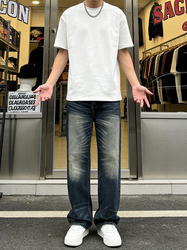 Men's Distressed Textured Wide Leg Jeans Retro Bamboo Pattern Straight Casual Trousers For Spring_mkmklike.com