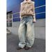 Retro Washed Distressed Jeans Wide Leg Floor Length Patchwork Webbing Curved Blade Design Men's And Women's Denim Pants_mkmklike.com
