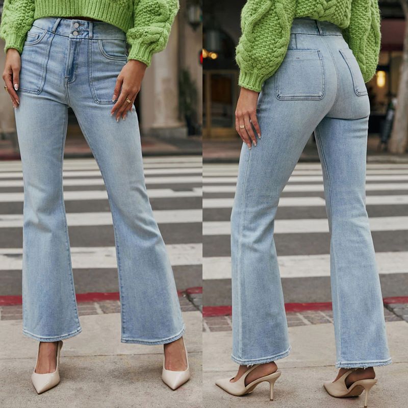 Women's Clothing Elastic Double Button Washed Women's Stretch Flared Jeans With Double Buttons - Vintage Washed Denim Pants For Office & Casual Wear_mkmklike.com