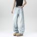 American High Street Washed Light Blue Scratch Slightly Flared Jeans For Men's Spring Summer Trendy Brands, Rugged And_mkmklike.com