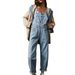 Women's Zipper Denim Suspenders European American Style Loose Casual Wide Leg Trousers Autumn Pocket Drape_mkmklike.com