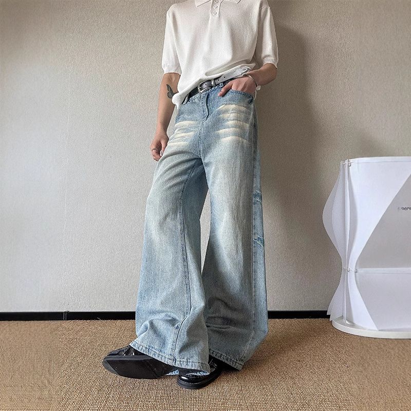 Vintage Light Blue Distressed Flared Jeans For Men - High Waist Wide Leg Denim Pants With Whisker Wash & Comfort Fit_mkmklike.com