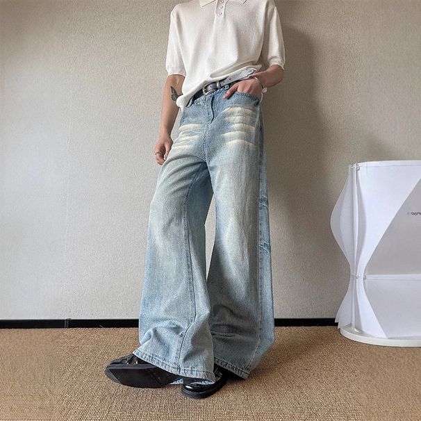 Vintage Light Blue Distressed Flared Jeans For Men - High Waist Wide Leg Denim Pants With Whisker Wash & Comfort Fit_mkmklike.com