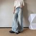 Vintage Light Blue Distressed Flared Jeans For Men - High Waist Wide Leg Denim Pants With Whisker Wash & Comfort Fit_mkmklike.com