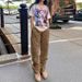 European And American Women Solid Color Cargo Pants Jeans High Waist Straight-leg Buckle Jeans With Pockets Khaki Brown Baggy Casual Trousers_mkmklike.com