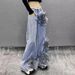 Women's Clothing Vintage Plus Size High-Waisted Flared Jeans – Distressed Hem, Embroidered Floral Details, Stretch Denim Wide-Leg Pants For Women_mkmklike.com