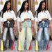 Women's High-Waisted Distressed Denim Pants – Color-Block & Ombre Washed Jeans (Drawstring Waist, Relaxed Straight Fit, Vintage Casual Style)_mkmklike.com