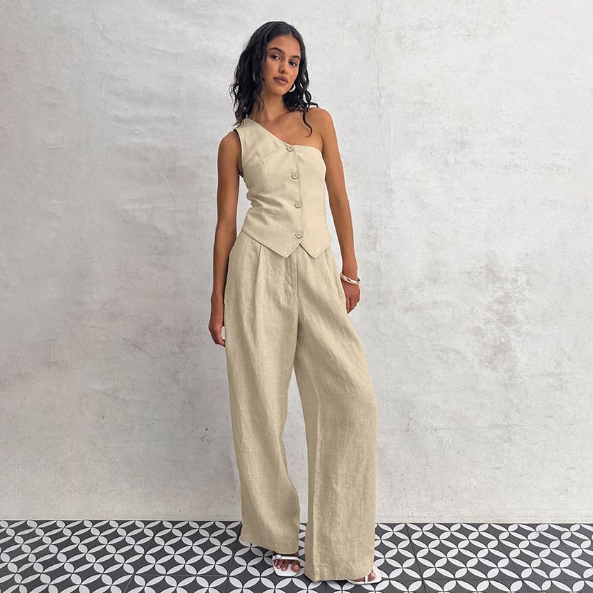 Women's Commuter Fashion Khaki Off-shoulder Cotton and Linen Vest Trousers Two-piece Set _mkmklike.com