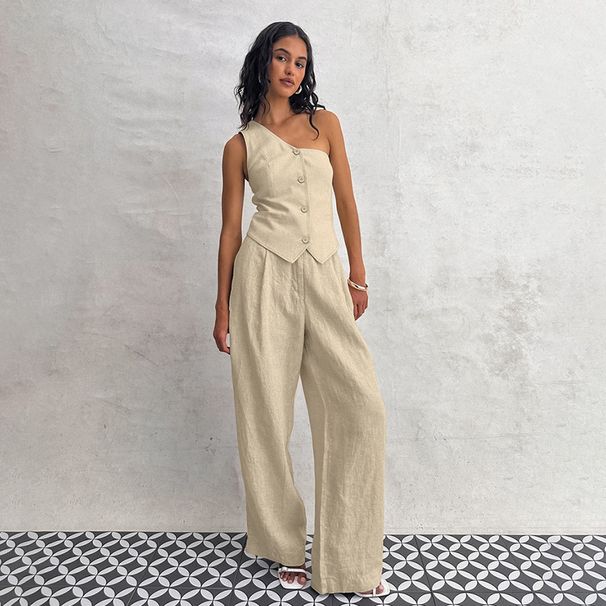 Women's Commuter Fashion Khaki Off-shoulder Cotton and Linen Vest Trousers Two-piece Set _mkmklike.com