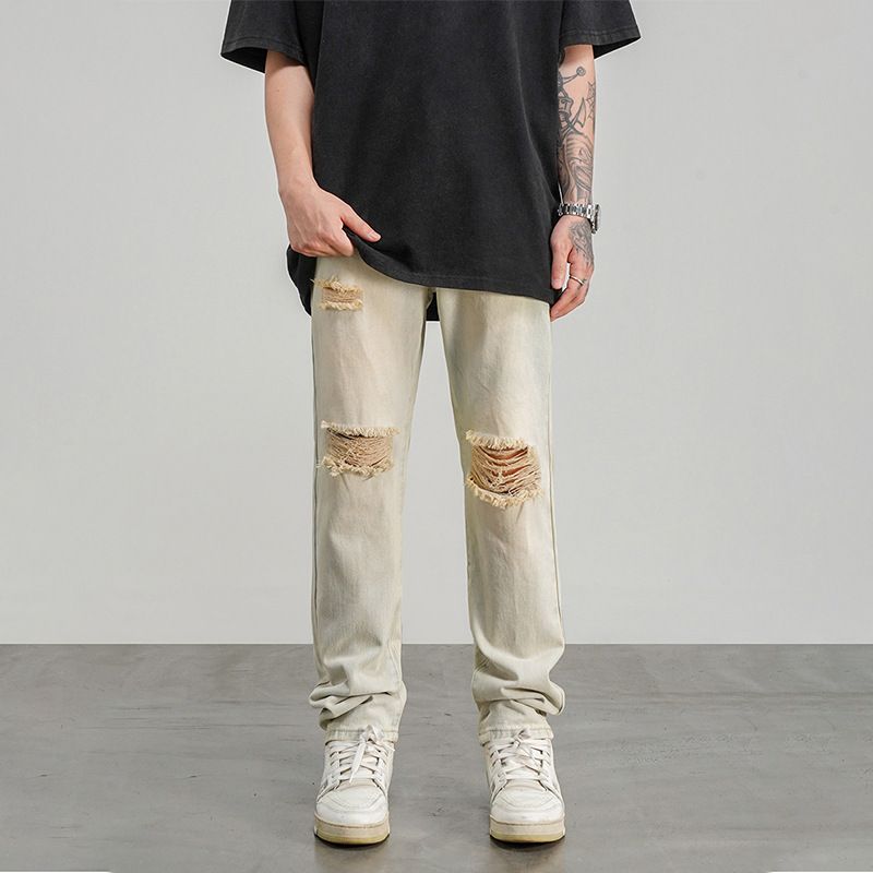 Nordmann Ripped Jeans Men Vintage Washed Mud Yellow High Street Casual Pants 2025 Autumn Winter American Style Slim Fit Versatile_mkmklike.com