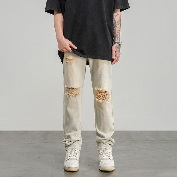Nordmann Ripped Jeans Men Vintage Washed Mud Yellow High Street Casual Pants 2025 Autumn Winter American Style Slim Fit Versatile_mkmklike.com