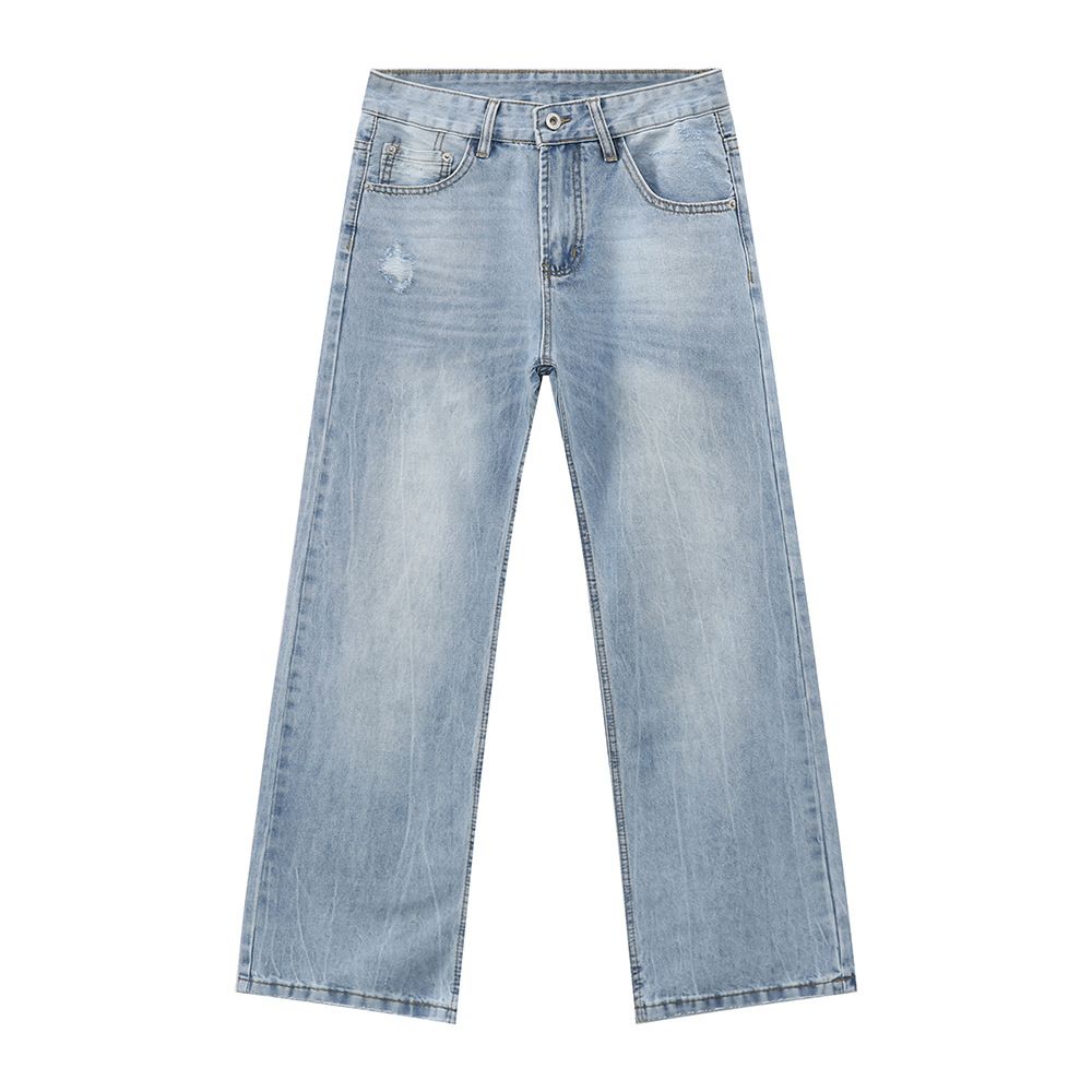 Men's Clothing Minimalist Cleanfit Versatile Ripped Light Blue Casual Straight Jeans Trend_mkmklike.com