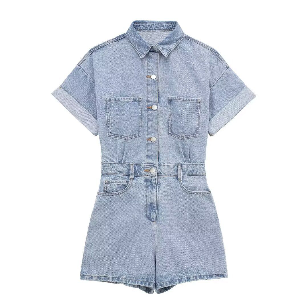 Women's Clothing Denim Lapel Pocket Decoration Short Jumpsuit_mkmklike.com