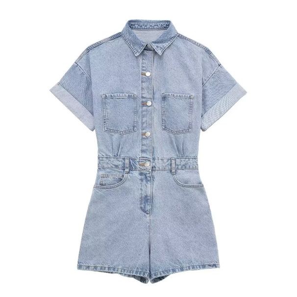 Women's Clothing Denim Lapel Pocket Decoration Short Jumpsuit_mkmklike.com